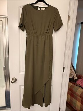 Roolee Olive Green Short Sleeve Wrap-Front Maxi Dress